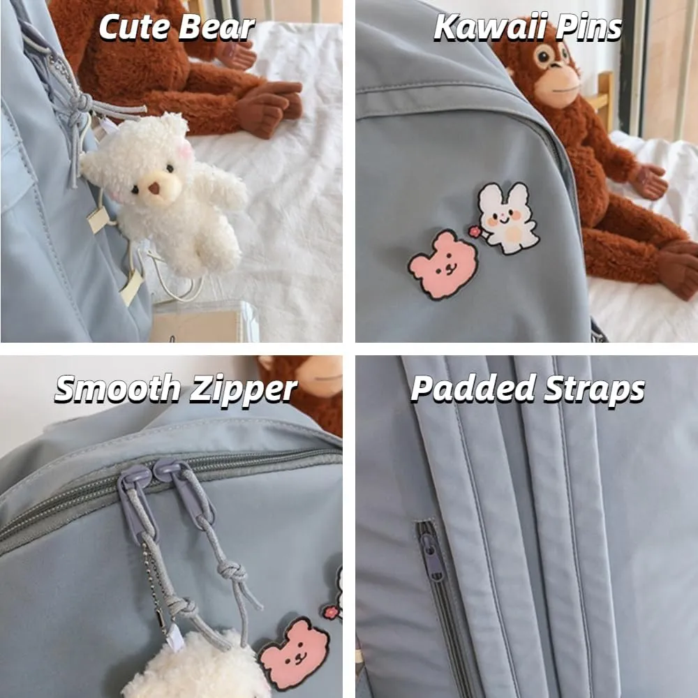 Kawaii Backpack with Cute Accessories Aesthetic 15.6 Inch Laptop Backpack Pin Plush Pendant (Blue,Single Backpack)