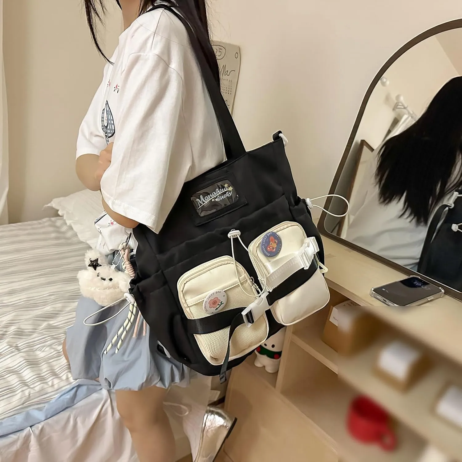 Kawaii Crossbody Bag with Cute Accessories Casual Messenger Hobo Shoulder Bag Travel Daypacks