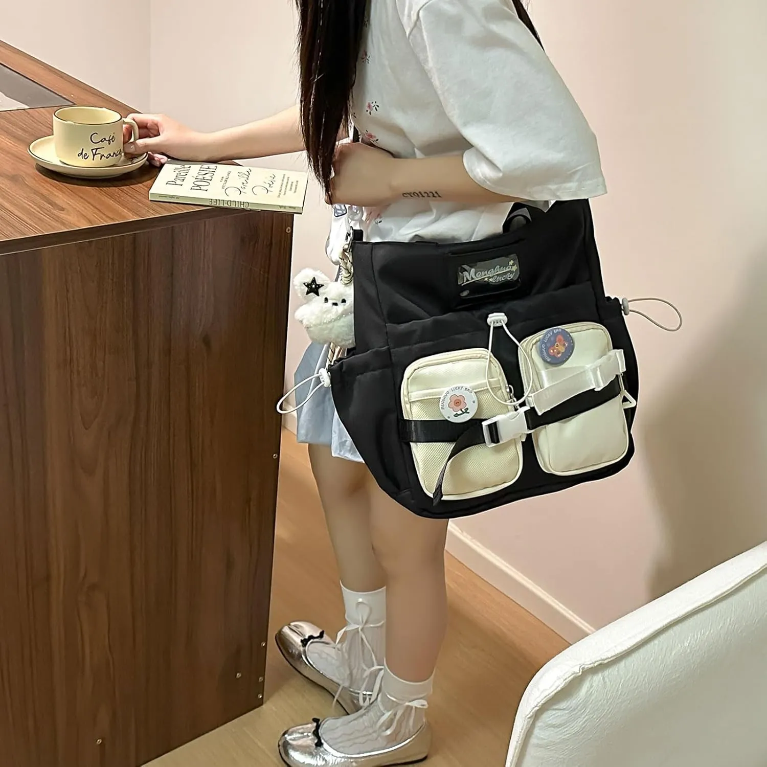 Kawaii Crossbody Bag with Cute Accessories Casual Messenger Hobo Shoulder Bag Travel Daypacks