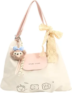 Kawaii Shoulder Bag with Bear Charm, Adjustable Strap，A single-Shoulder Crossbody Bag with Dual Shoulder Straps (Beige)
