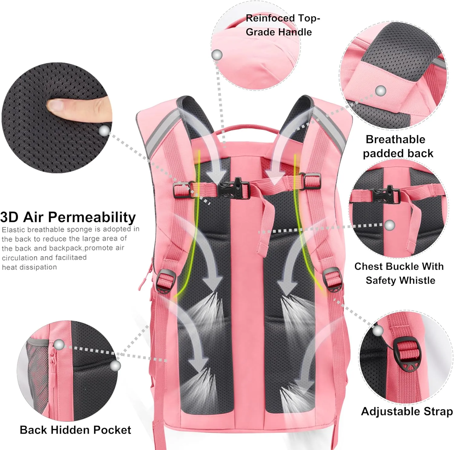 KEOFID Casual Daypacks Backpack for Men and Women, Hiking Backpack, Travel Backpack, Black Backpack for Sports, College Backpack, Water Resistant(Pink)