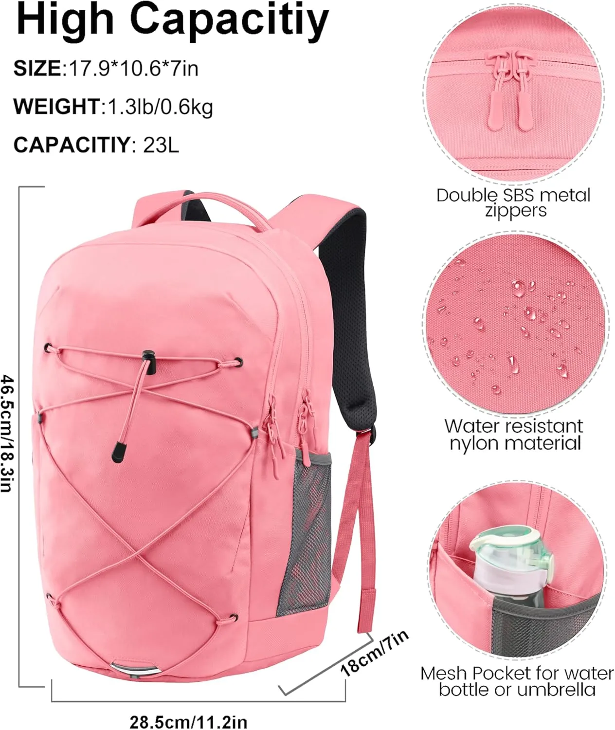 KEOFID Casual Daypacks Backpack for Men and Women, Hiking Backpack, Travel Backpack, Black Backpack for Sports, College Backpack, Water Resistant(Pink)
