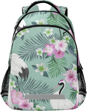 Kids Backpack for Boys Girls,Spring Cranes Tropical Flowers Elementary School Backpacks Boys Children Bookbags Primary Kindergarten Bookbags 13.5L Water-Resistant Student Teenagers Travel Bag