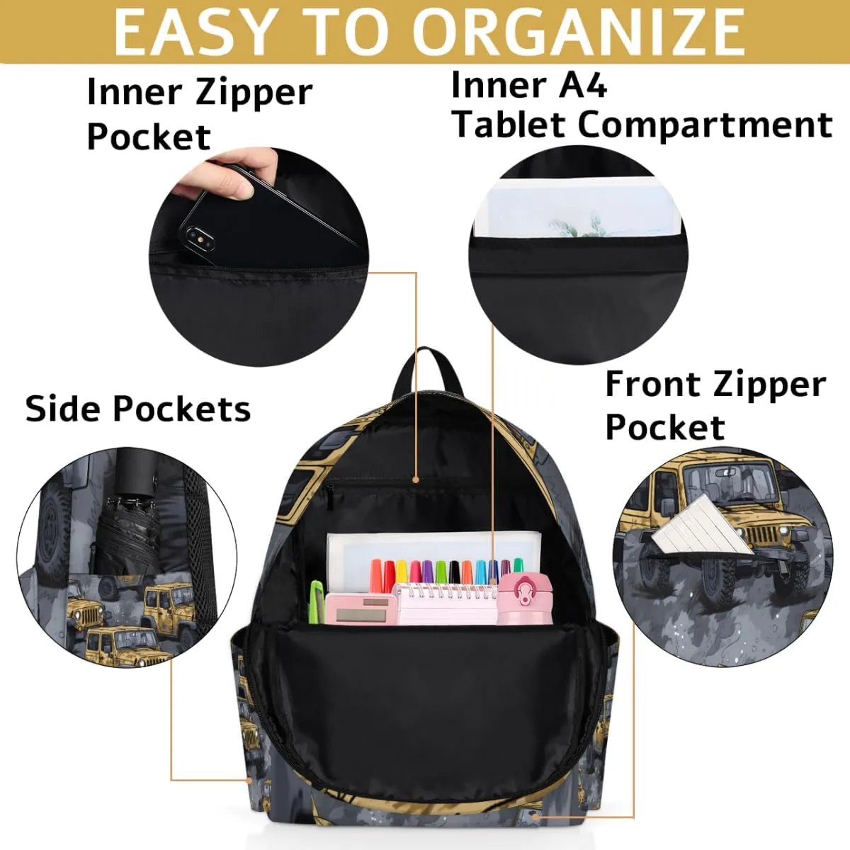 Kids Backpack for Girls Boys School Bookbag Water Resistant Lightweight Travel Bag Adjustable Shoulder Straps Preschool Primary School Toddler Backpack Cartoon Car Pattern Print