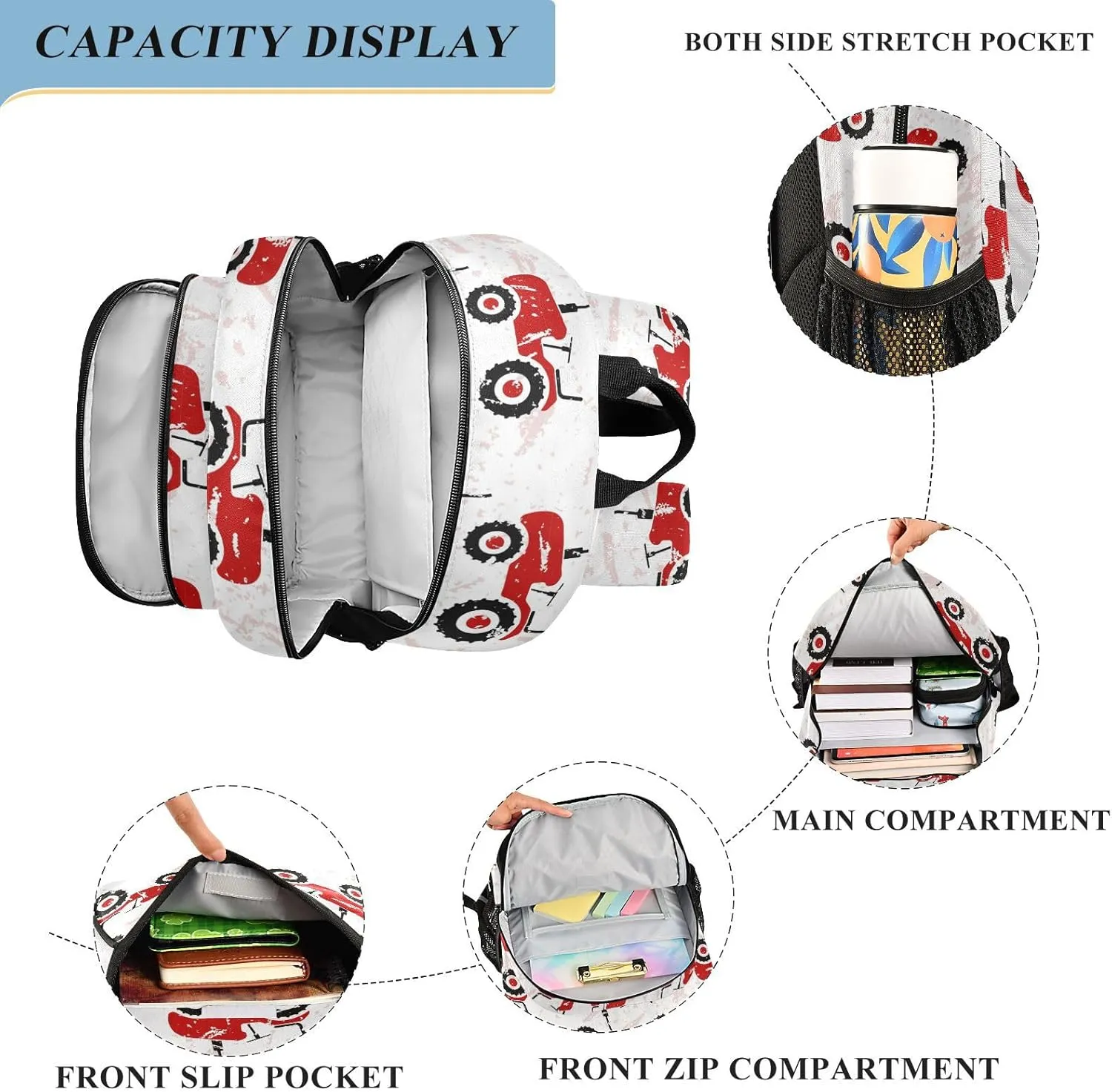 Kid's Backpack Red Old Wheeled Tractors White Toddler Teens Backpack for Boys and Girls with Chest Strap,School Students Bookbag Daypack for Preschool Kindergarten Elementary