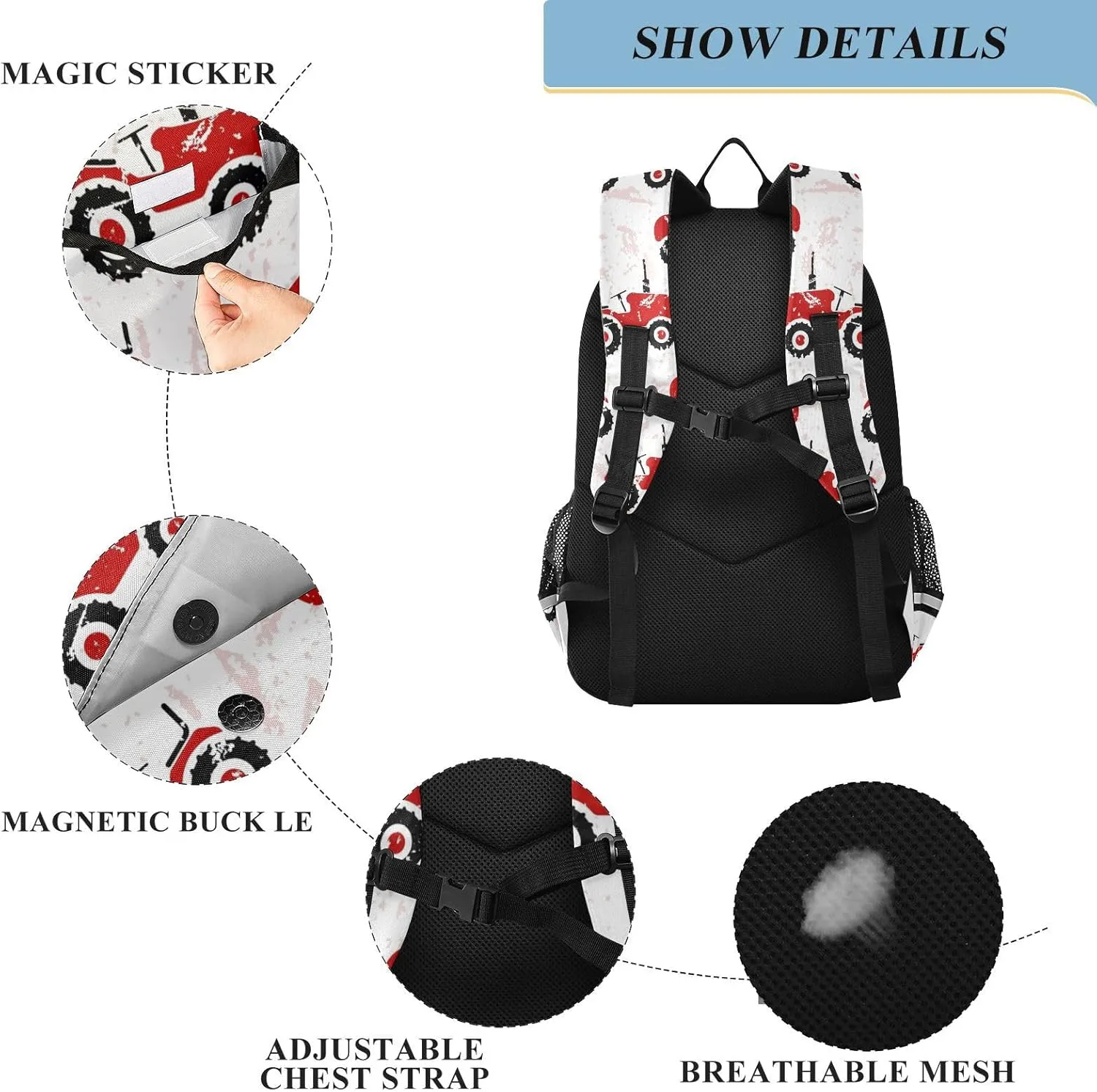 Kid's Backpack Red Old Wheeled Tractors White Toddler Teens Backpack for Boys and Girls with Chest Strap,School Students Bookbag Daypack for Preschool Kindergarten Elementary
