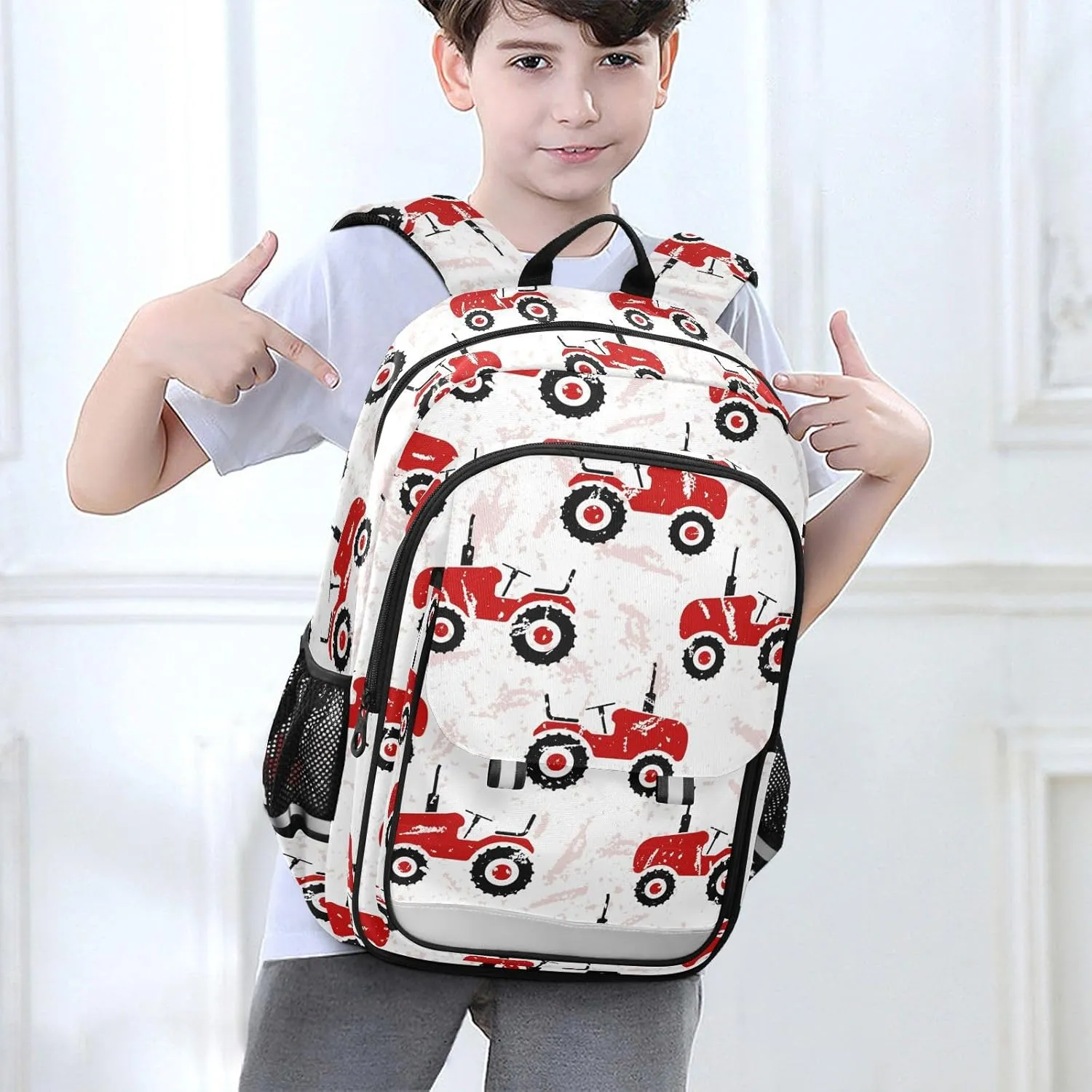 Kid's Backpack Red Old Wheeled Tractors White Toddler Teens Backpack for Boys and Girls with Chest Strap,School Students Bookbag Daypack for Preschool Kindergarten Elementary