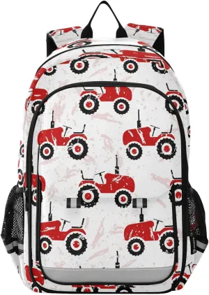 Kid's Backpack Red Old Wheeled Tractors White Toddler Teens Backpack for Boys and Girls with Chest Strap,School Students Bookbag Daypack for Preschool Kindergarten Elementary