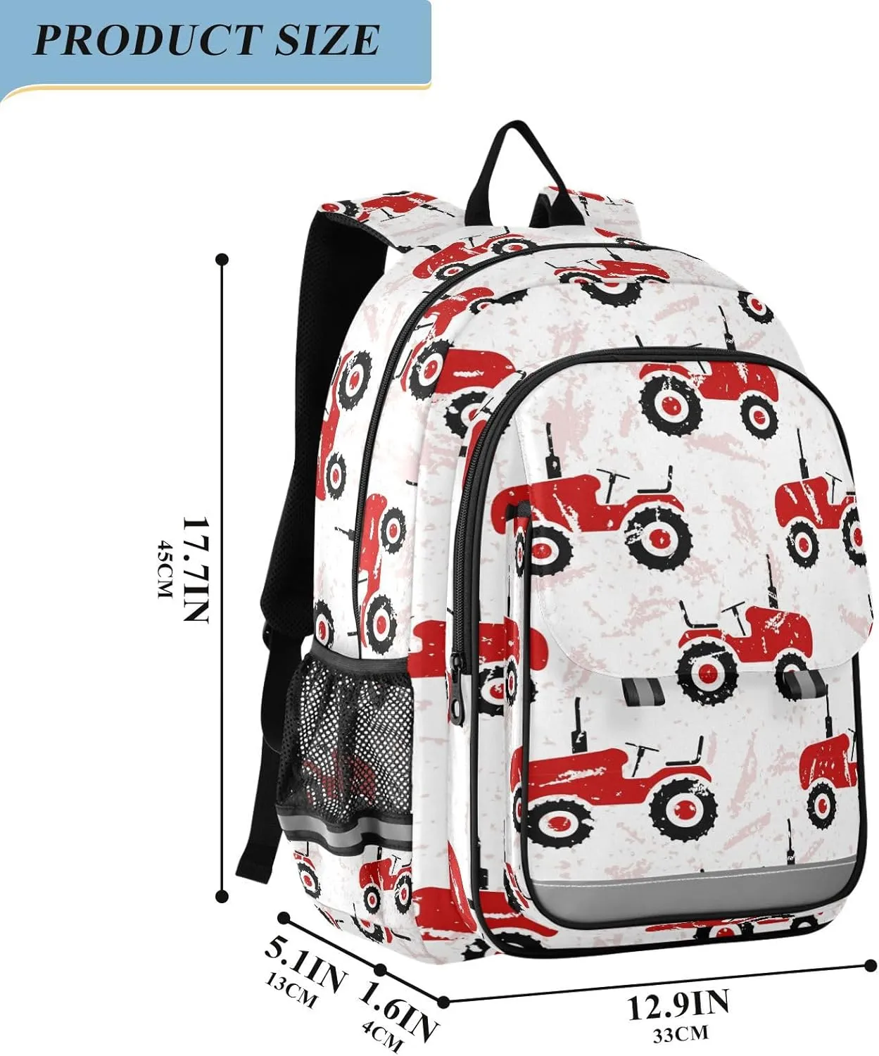 Kid's Backpack Red Old Wheeled Tractors White Toddler Teens Backpack for Boys and Girls with Chest Strap,School Students Bookbag Daypack for Preschool Kindergarten Elementary