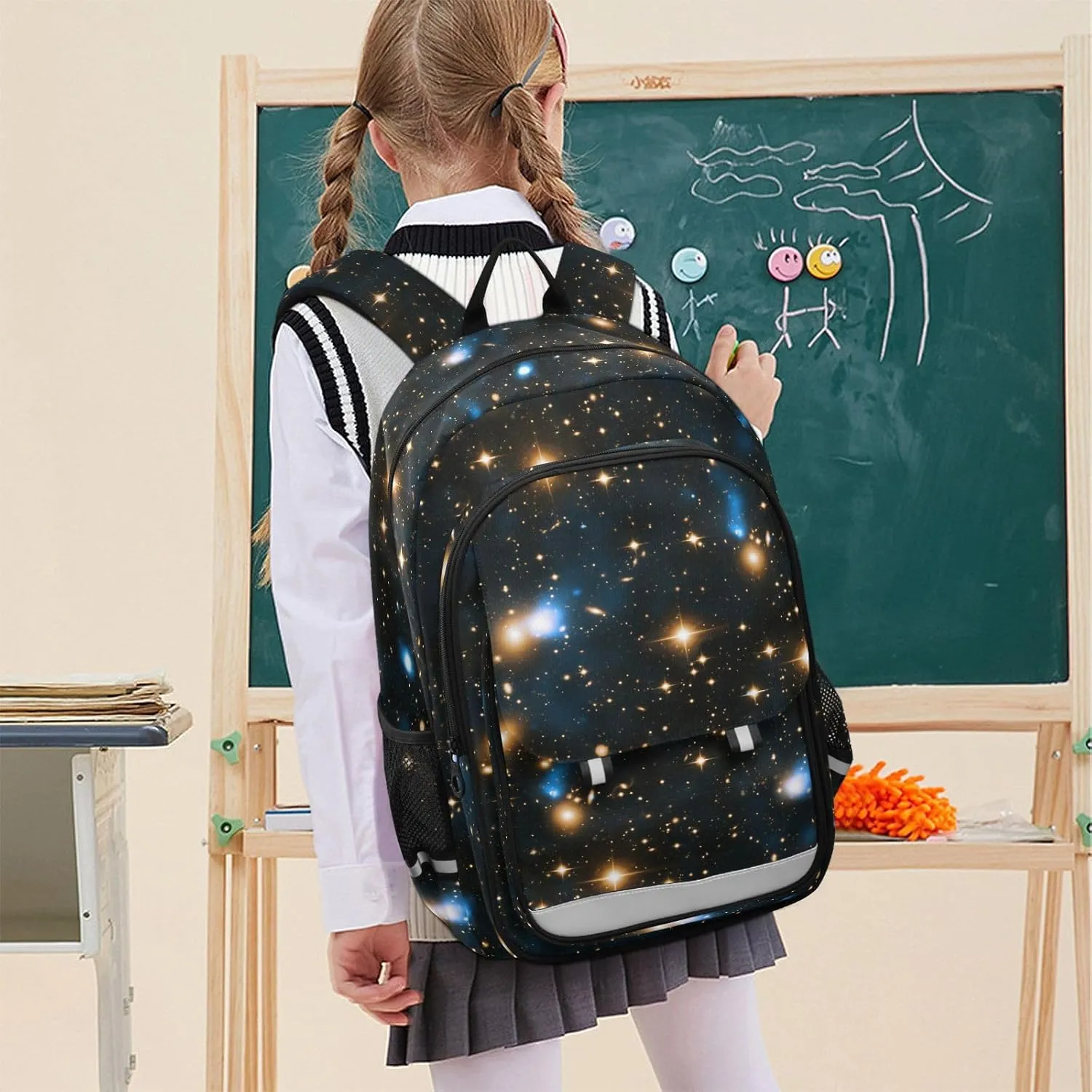 Kids Backpack Space Black Sky Flickering Stars Toddler Teens Backpack for Boys and Girls with Chest Strap,School Students Bookbag Daypack for Preschool Kindergarten Elementary
