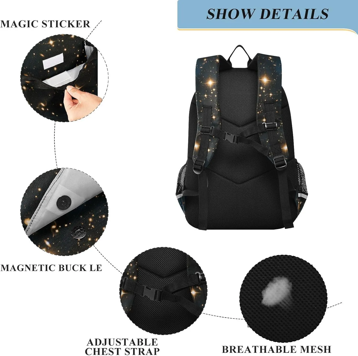 Kids Backpack Space Black Sky Flickering Stars Toddler Teens Backpack for Boys and Girls with Chest Strap,School Students Bookbag Daypack for Preschool Kindergarten Elementary