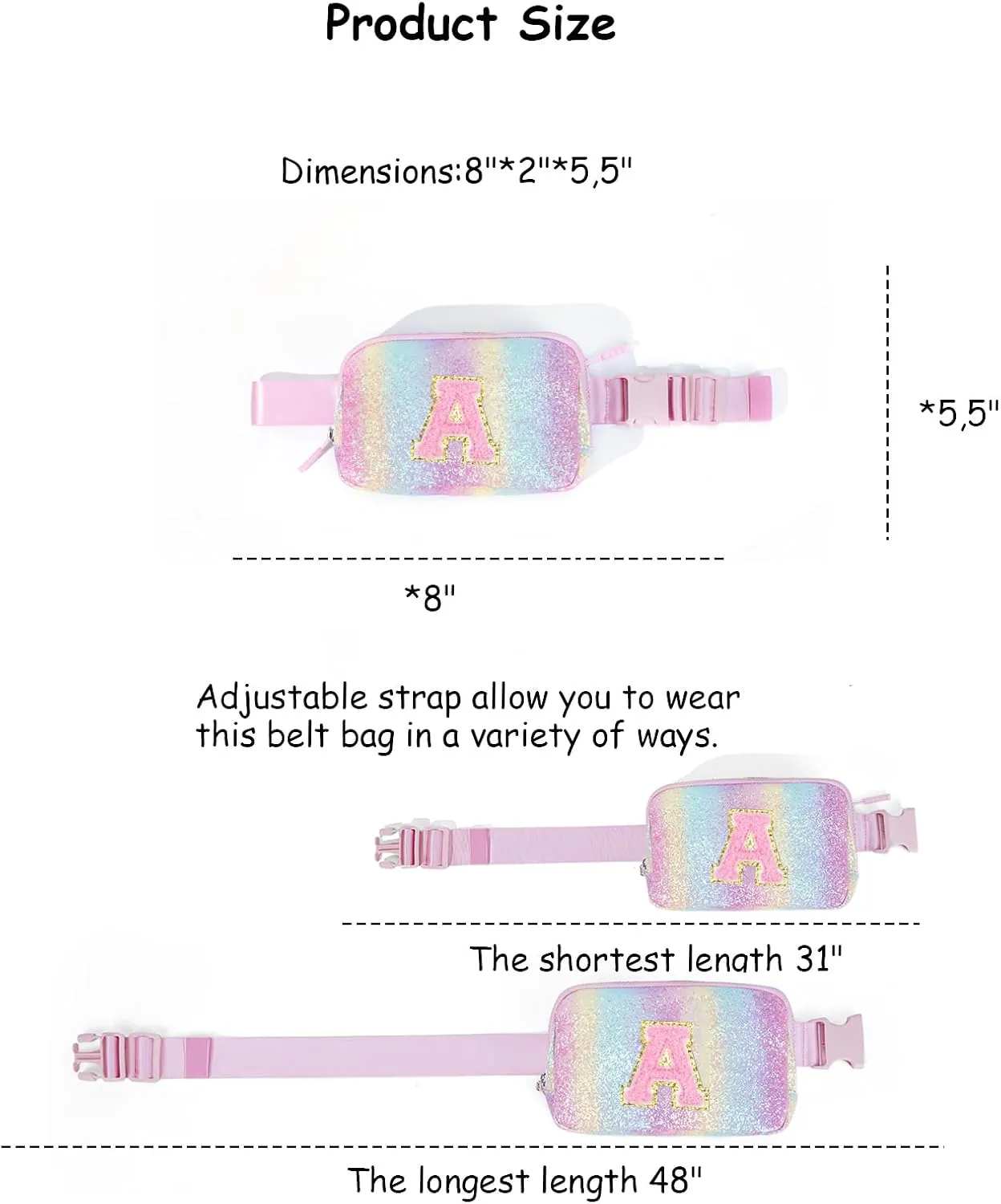 Kids Fanny Pack Glitter Waist Pack Initial Crossbody Bag Belt Bag for Girls Gifts Sparkly Cute Purse Rainbow A