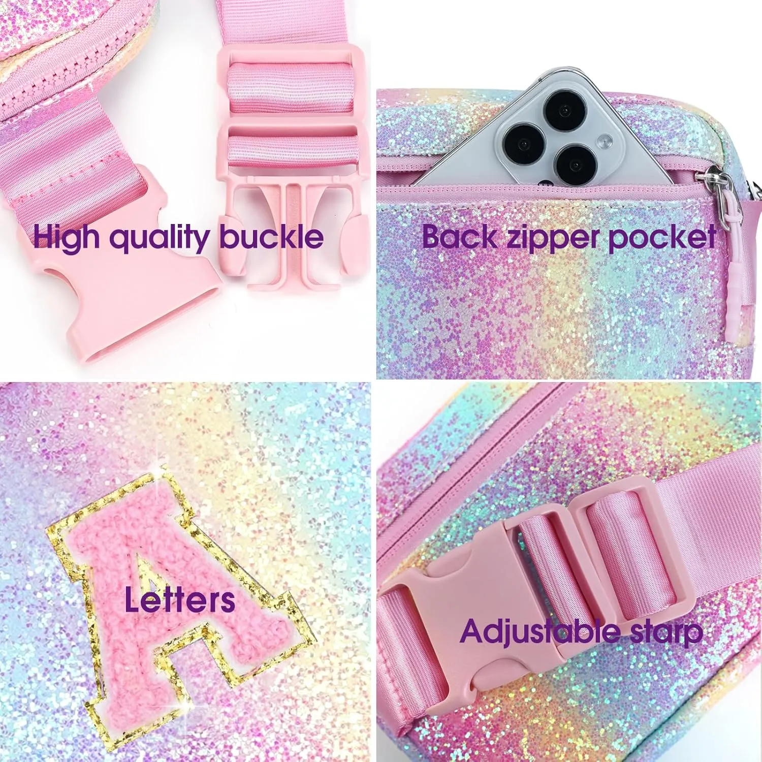Kids Fanny Pack Glitter Waist Pack Initial Crossbody Bag Belt Bag for Girls Gifts Sparkly Cute Purse Rainbow A