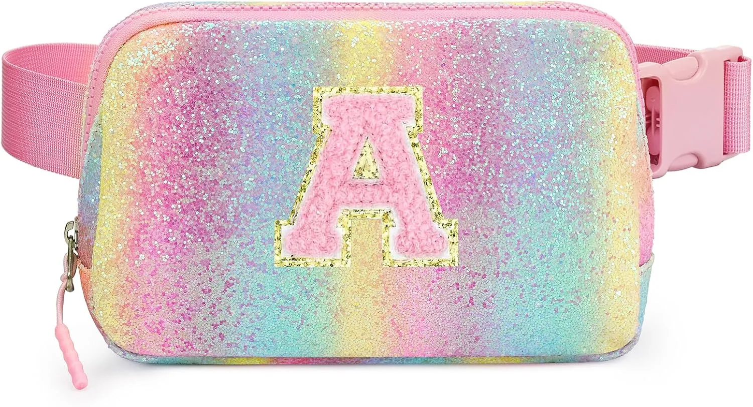 Kids Fanny Pack Glitter Waist Pack Initial Crossbody Bag Belt Bag for Girls Gifts Sparkly Cute Purse Rainbow A