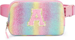 Kids Fanny Pack Glitter Waist Pack Initial Crossbody Bag Belt Bag for Girls Gifts Sparkly Cute Purse Rainbow A