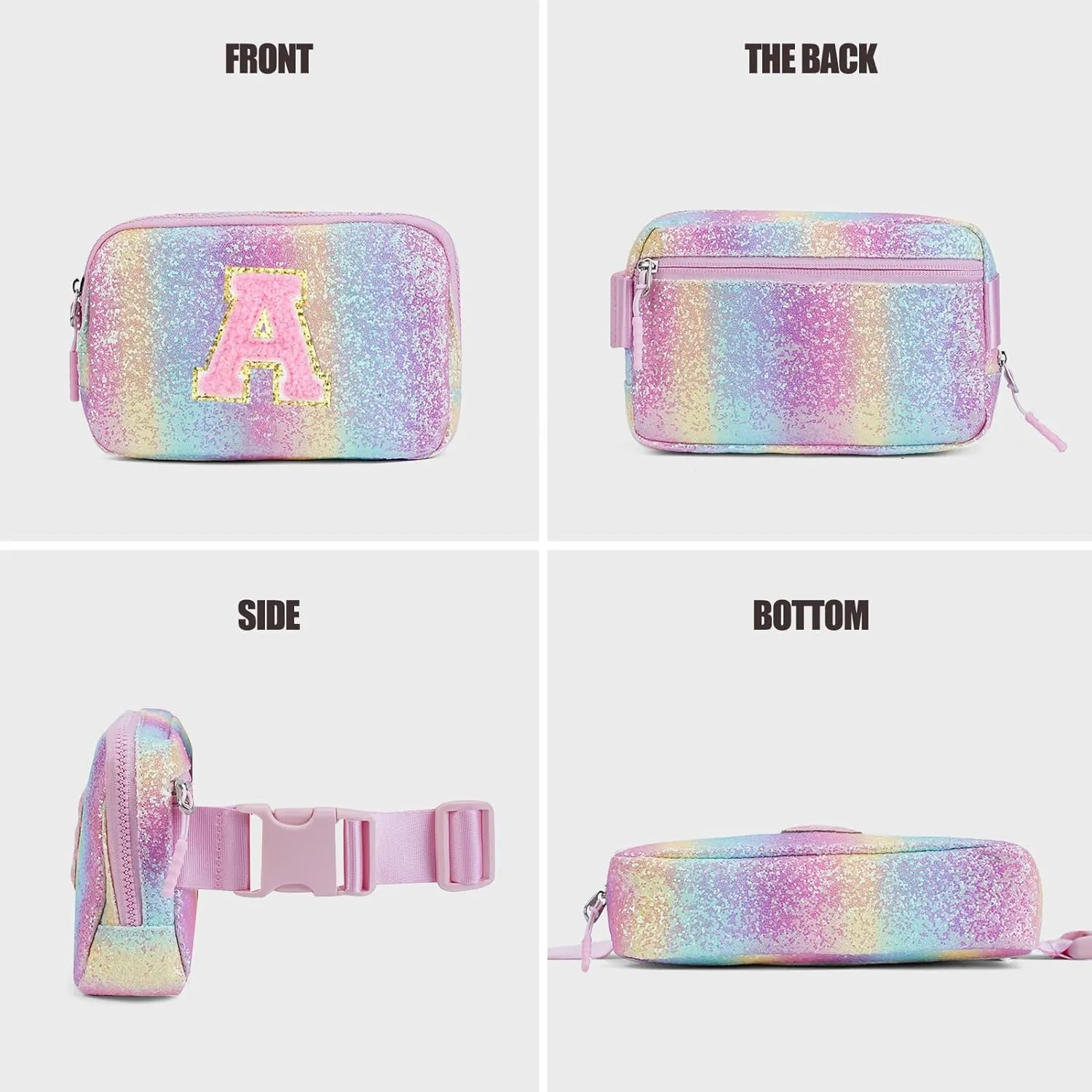 Kids Fanny Pack Glitter Waist Pack Initial Crossbody Bag Belt Bag for Girls Gifts Sparkly Cute Purse Rainbow A
