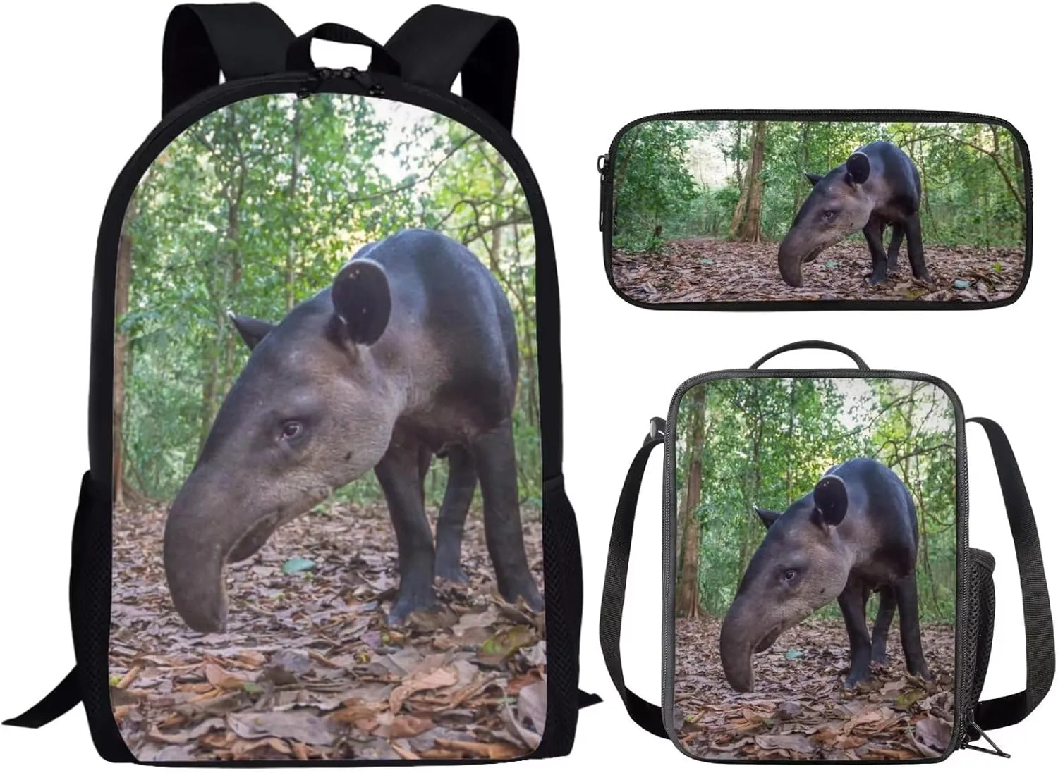 Kids Novelty Animal Backpack and Lunch Box for Boys Girls Student Lightweight 17 Inch School Baird’s Tapir Backpack with Lunch Bag Pencil Case Kids Comfy Padded Black Large Bookbag