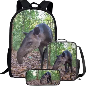 Kids Novelty Animal Backpack and Lunch Box for Boys Girls Student Lightweight 17 Inch School Baird’s Tapir Backpack with Lunch Bag Pencil Case Kids Comfy Padded Black Large Bookbag