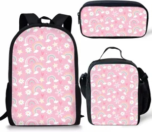 Kids Rainbow Backpack Set with Lunch Box and Pencil Case,3pcs Cute Girls Preschool Elementary School Bag Bookbag Kindergarten Toddler for 3-9 Years