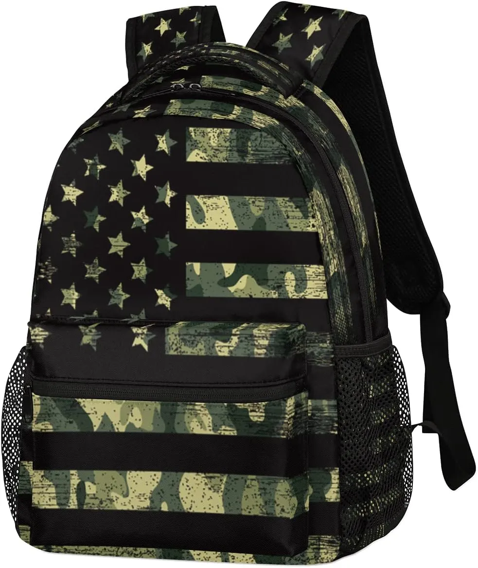 Kids School Backpack for Girls Boys School Bag Large Bookbag Lightweight Elementary Laptop Bag Travel Hiking Daypack (USA Flag Camouflage)