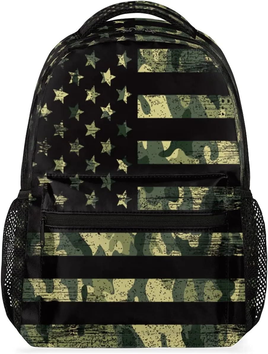 Kids School Backpack for Girls Boys School Bag Large Bookbag Lightweight Elementary Laptop Bag Travel Hiking Daypack (USA Flag Camouflage)