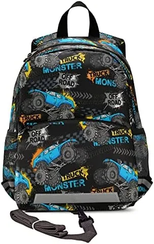 Kid's Toddler Backpack Modern Monster Truck Schoolbag Safety Leash for Boys Girls,Trace Of Tire Car Kindergarten Children Bag Preschool Nursery Travel Bag Chest Clip Reflective Stripe