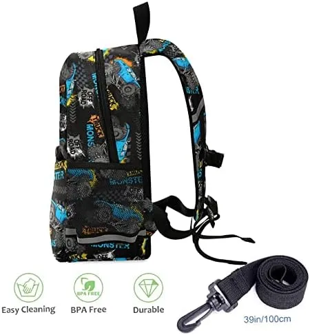 Kid's Toddler Backpack Modern Monster Truck Schoolbag Safety Leash for Boys Girls,Trace Of Tire Car Kindergarten Children Bag Preschool Nursery Travel Bag Chest Clip Reflective Stripe
