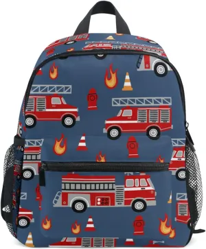 Kid's Toddler Backpack Red Fire Trucks Cartoon Schoolbag for Cute Boys Girls, Daycare School Children Kindergarten Bag Preschool Nursery Travel Purse Bag