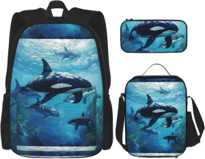 Killer Whales Swim Along Print Comfortable Adjustable Shoulder Casual Fashion Backpack Lunch Bag Pencil Case