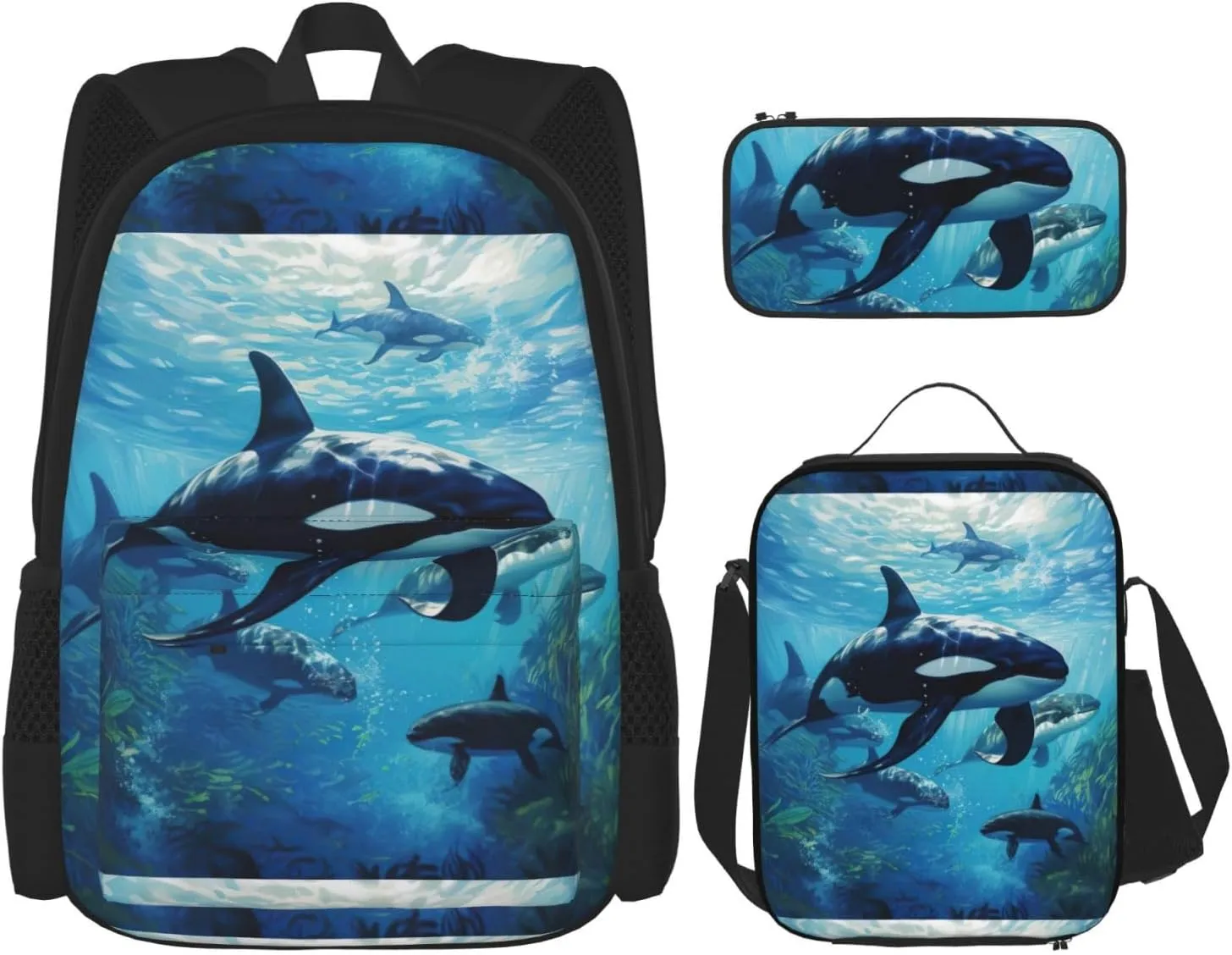 Killer Whales Swim Along Print Comfortable Adjustable Shoulder Casual Fashion Backpack Lunch Bag Pencil Case
