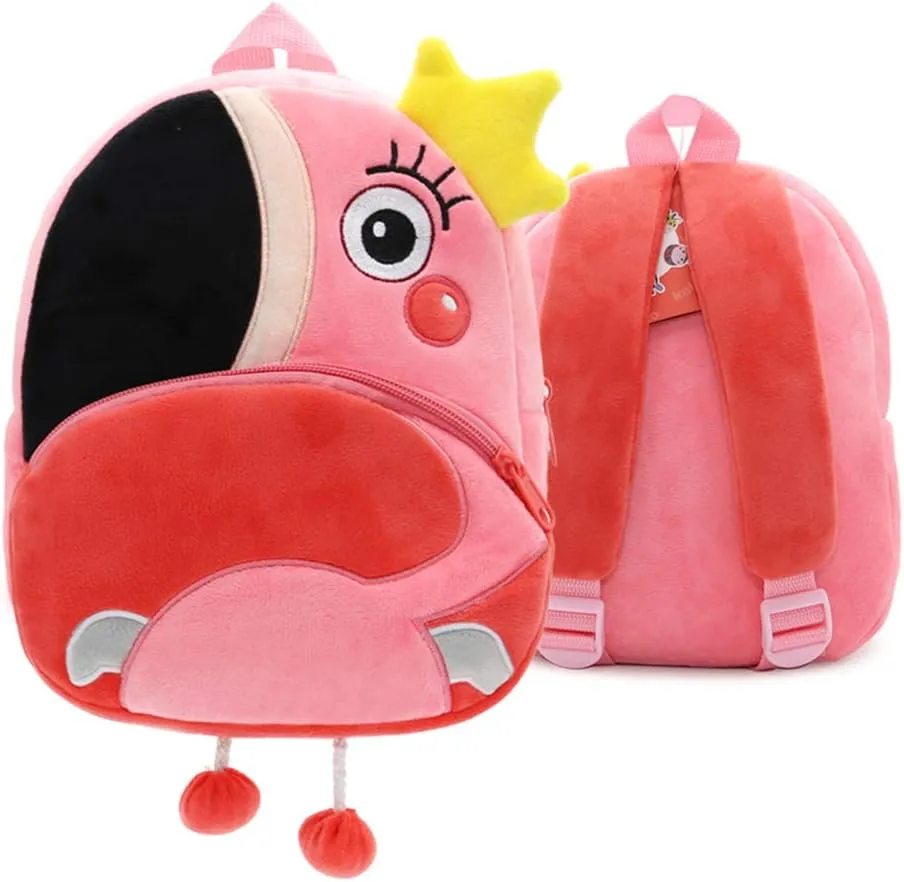 KISSOURBABY 3D Cute Cartoon Little Plush Baby Backpack Baby Toy Bag(Flamingo)