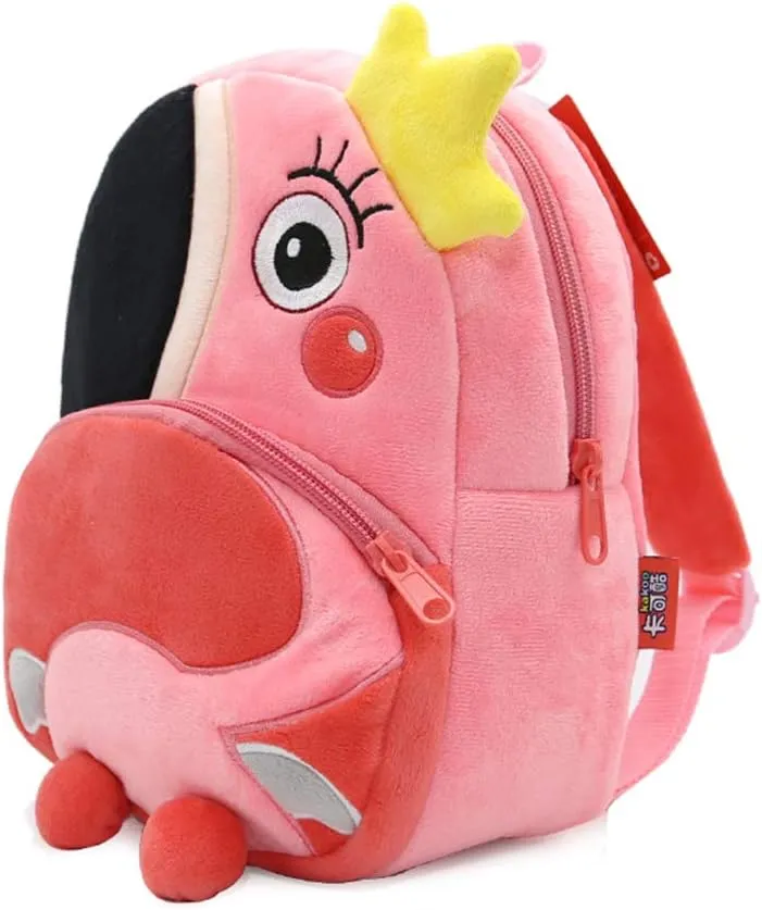 KISSOURBABY 3D Cute Cartoon Little Plush Baby Backpack Baby Toy Bag(Flamingo)