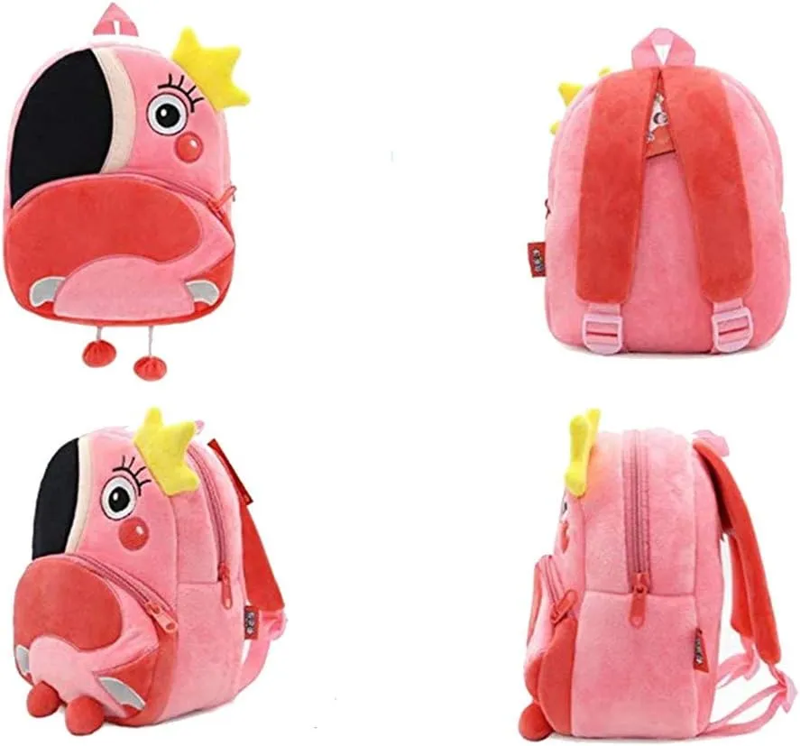 KISSOURBABY 3D Cute Cartoon Little Plush Baby Backpack Baby Toy Bag(Flamingo)