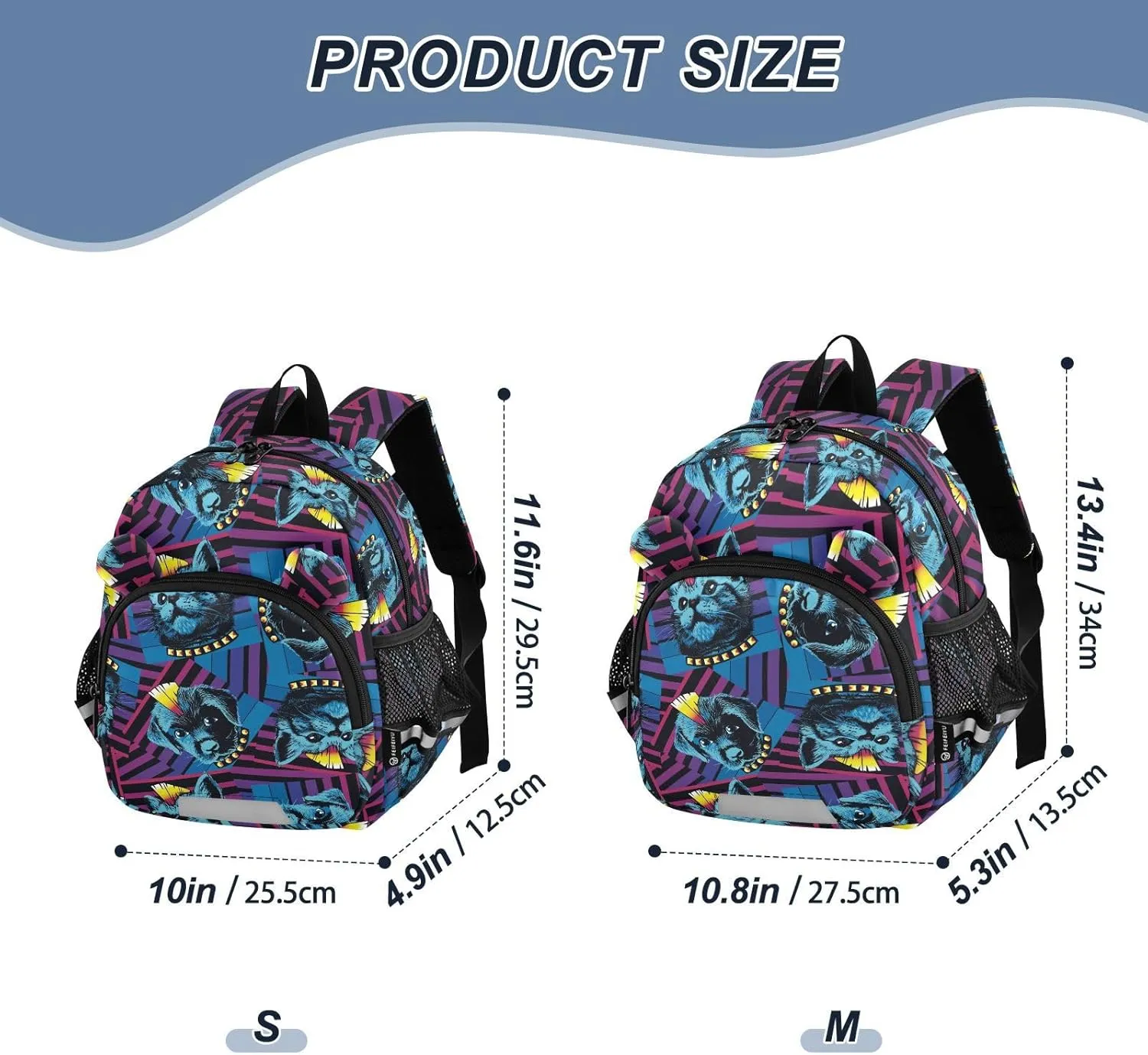 Kitten Puppy Punk Preschool Backpack Mohawk Stripes Daycare Bookbag School Backpack with Traction Rope for Kids 3-6