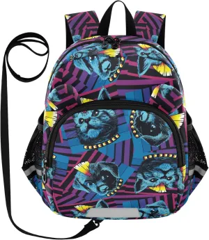 Kitten Puppy Punk Preschool Backpack Mohawk Stripes Daycare Bookbag School Backpack with Traction Rope for Kids 3-6