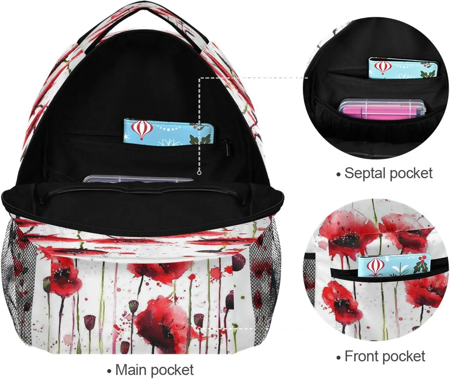 KLL Laptop Backpack for Women Men Waterproof Stylish Travel Bags with Chest Strap for Travel Trip Watercolor Poppy Flowers