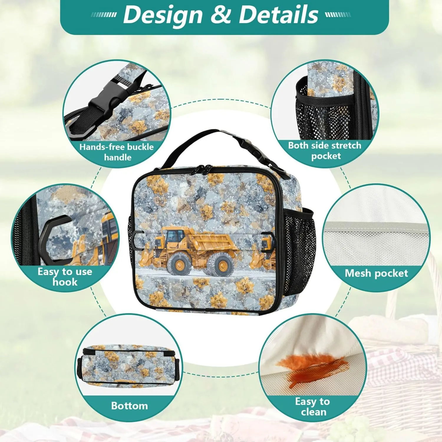 KLL Lunch Bag Zip Pockets Lunch Cooler Adjustable Shoulder Strap Bag for Beach Travel Construction Truck Cartoon Loader Icy and Snowy