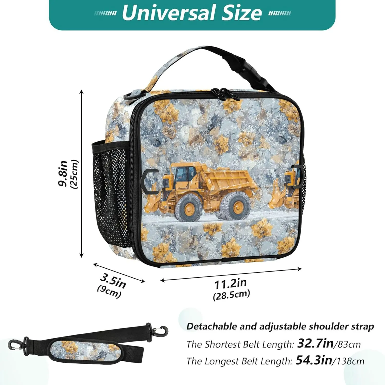 KLL Lunch Bag Zip Pockets Lunch Cooler Adjustable Shoulder Strap Bag for Beach Travel Construction Truck Cartoon Loader Icy and Snowy