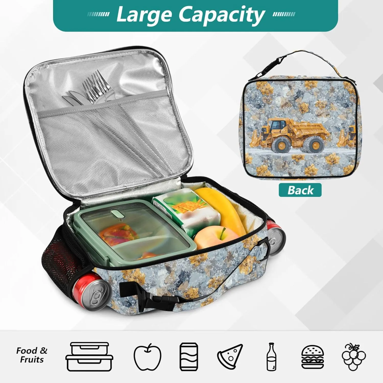 KLL Lunch Bag Zip Pockets Lunch Cooler Adjustable Shoulder Strap Bag for Beach Travel Construction Truck Cartoon Loader Icy and Snowy