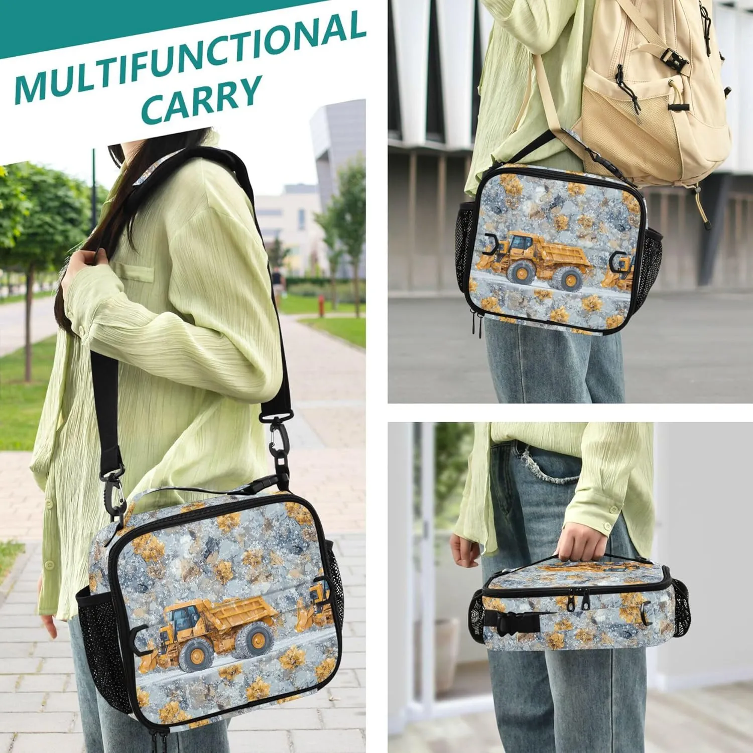 KLL Lunch Bag Zip Pockets Lunch Cooler Adjustable Shoulder Strap Bag for Beach Travel Construction Truck Cartoon Loader Icy and Snowy