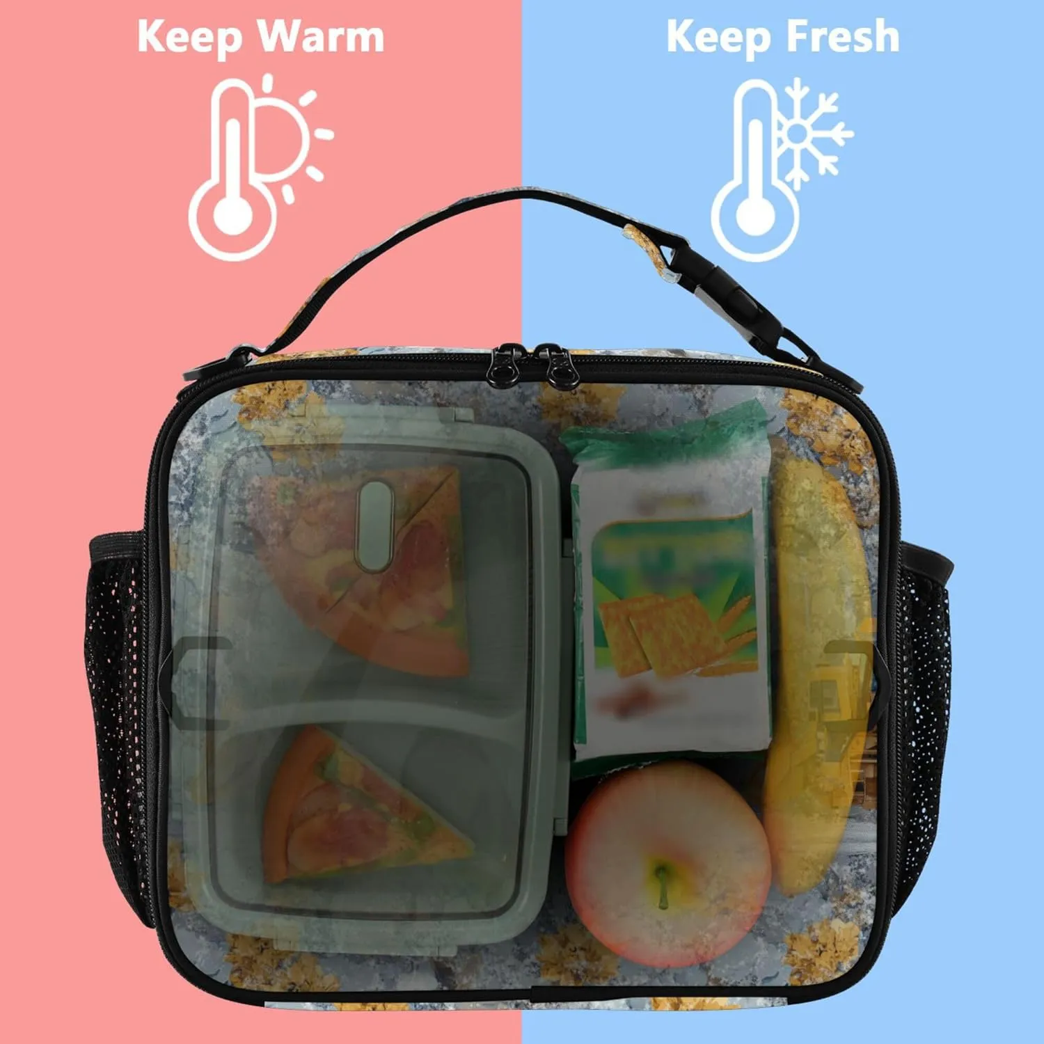 KLL Lunch Bag Zip Pockets Lunch Cooler Adjustable Shoulder Strap Bag for Beach Travel Construction Truck Cartoon Loader Icy and Snowy