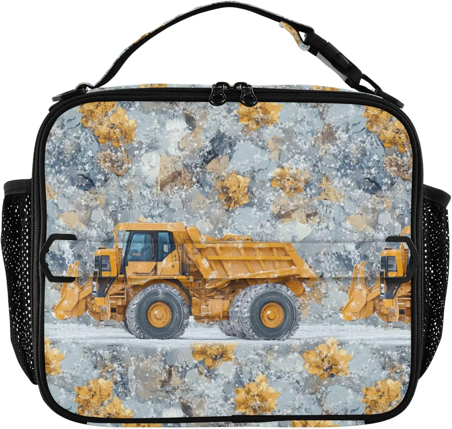 KLL Lunch Bag Zip Pockets Lunch Cooler Adjustable Shoulder Strap Bag for Beach Travel Construction Truck Cartoon Loader Icy and Snowy