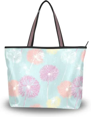 KLL silk fabric zippered bags and totes reusable handbags for women leather for shopping Dandelion Colorful size 15.7x11.4 in
