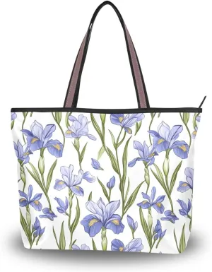 KLL silk fabric zippered cute tote bags summer chick handbags casual shoulder work for Everyday & Travel Iris Flowers size 15.7x11.4 in