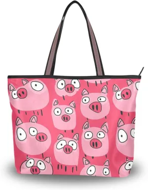 KLL silk fabric zippered purses and handbags summer chick handbags for women trendy for Everyday & Travel Cartoon Cute Pig Face Pink size 15.7x11.4 in