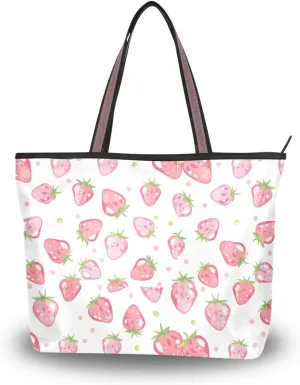 KLL silk fabric zippered satchel handbags reusable bags for women handbag for Everyday & Travel Pink Strawberries on White Background size 15.7x11.4 in