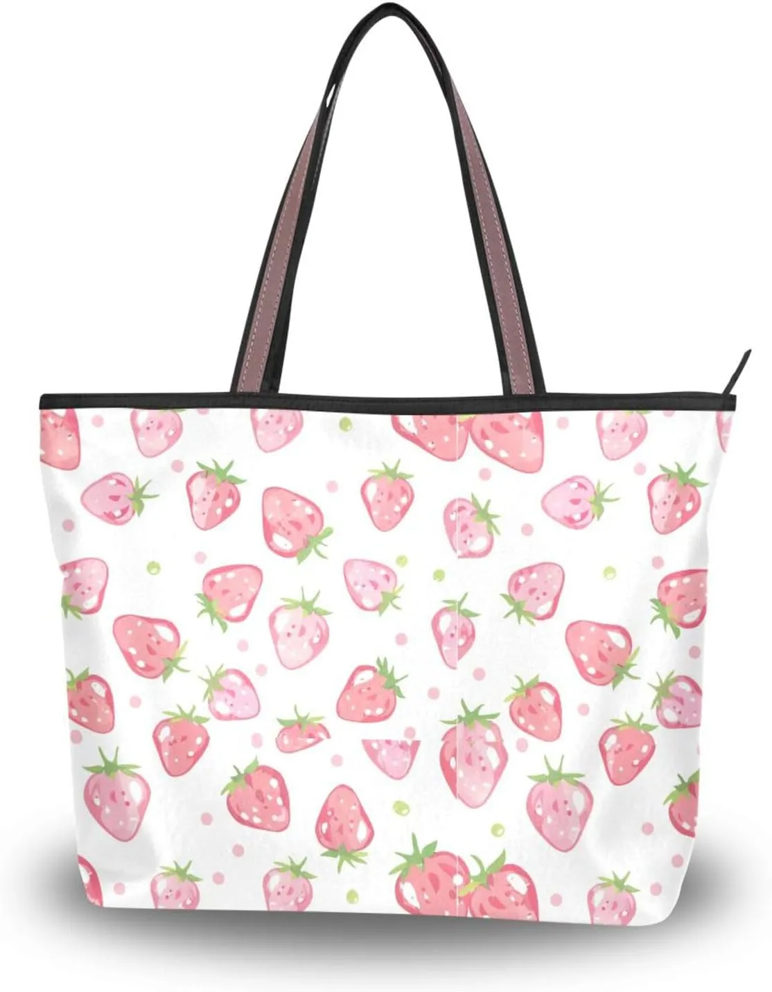 KLL silk fabric zippered satchel handbags reusable bags for women handbag for Everyday & Travel Pink Strawberries on White Background size 15.7x11.4 in