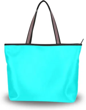 KLL silk fabric zippered shoulder tote bag trendy large purses and handbags for Everyday & Travel Cyan Aqua Solid Color Pure Plain size 15.7x11.4 in
