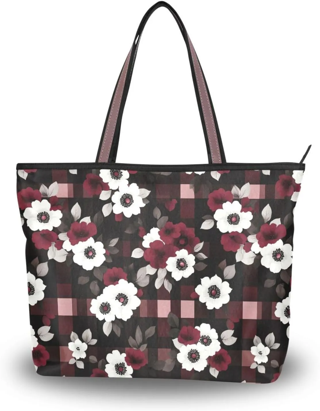 KLL silk fabric zippered tote bag summer chick satchel handbags for women for Everyday & Travel Red and Blue Flower Squares size 15.7x11.4 in