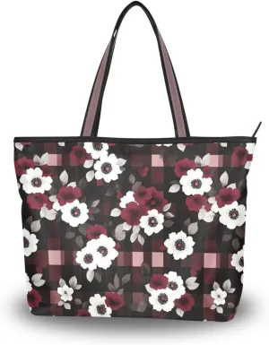 KLL silk fabric zippered tote bag summer chick satchel handbags for women for Everyday & Travel Red and Blue Flower Squares size 15.7x11.4 in